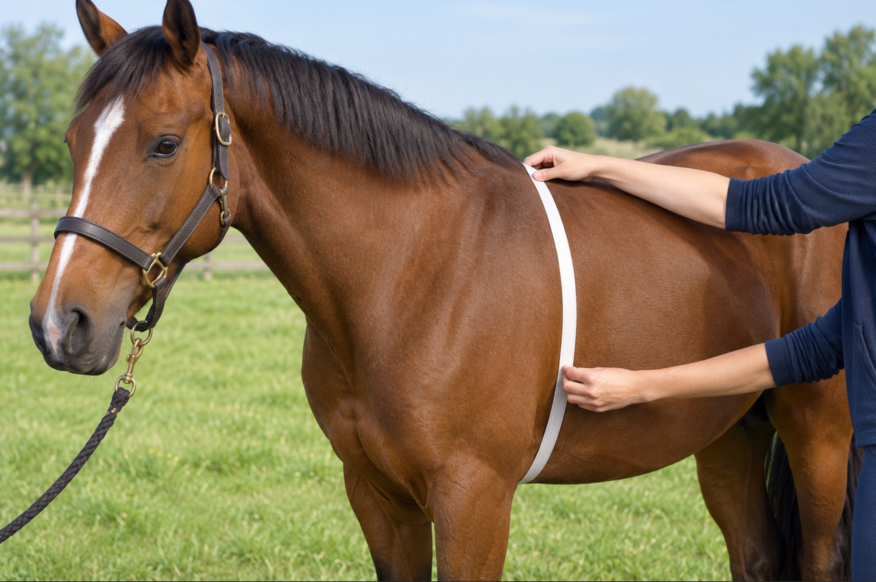 Ruban de pesée autour du thorax d'un cheval pour estimer son poids avant un vermifuge