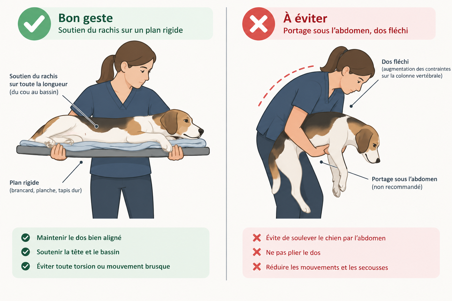 Comment porter un chien suspect de hernie discale, geste correct sur plan rigide et geste à éviter