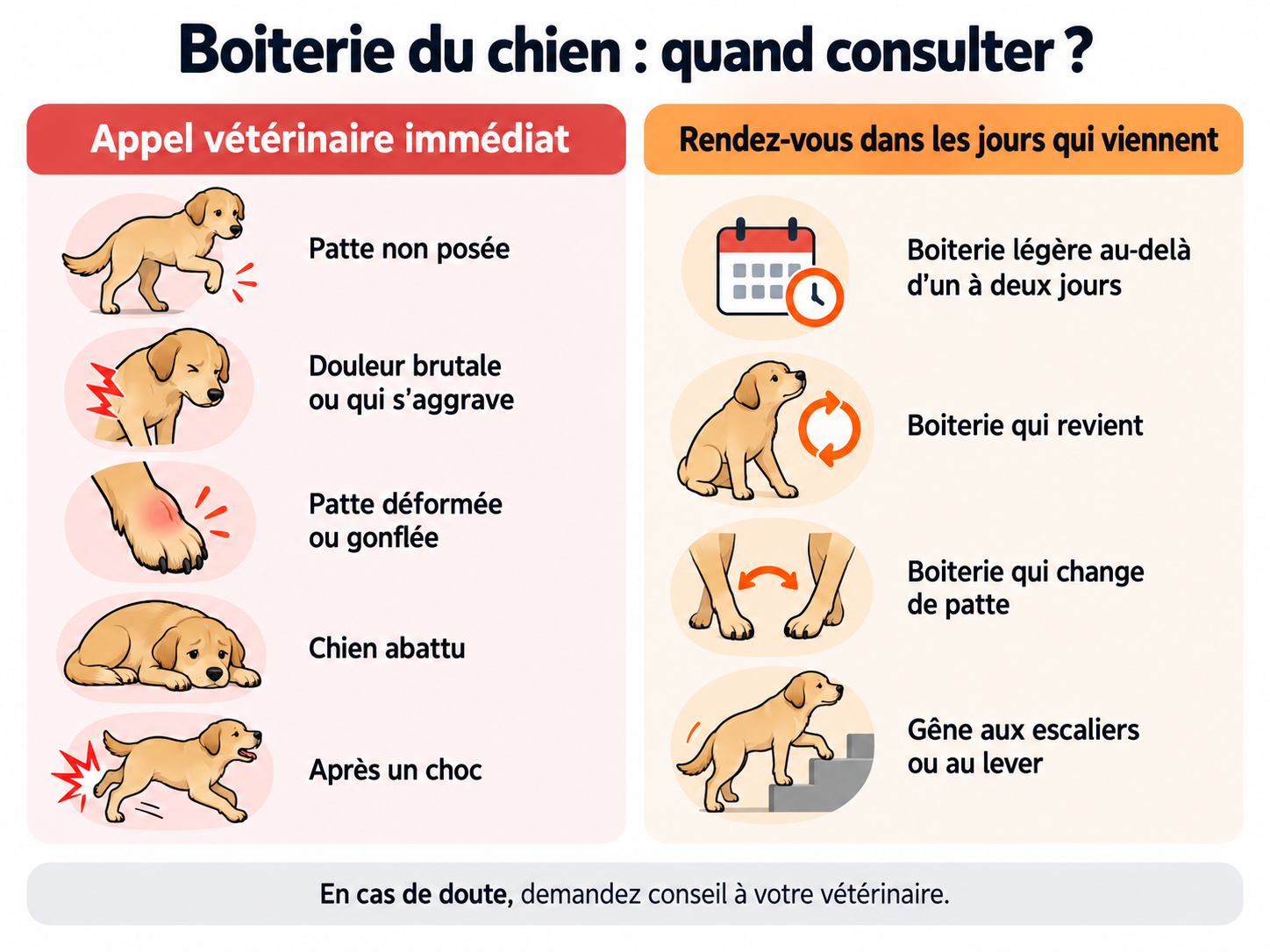 Infographie boiterie chien : signes d'urgence et signes justifiant une consultation dans les jours qui viennent