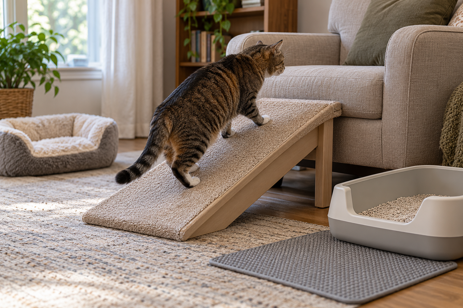 Chat douleur arrière train : aménagement de la maison avec rampe, litière à bord bas et couchage moelleux