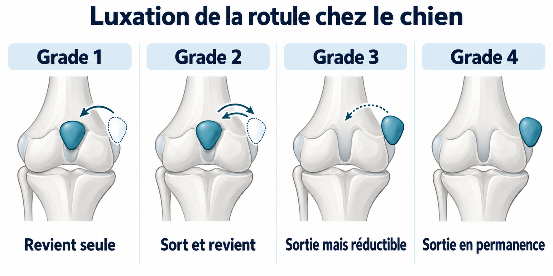 Schéma de la correction chirurgicale d'une luxation de la rotule chez le chien