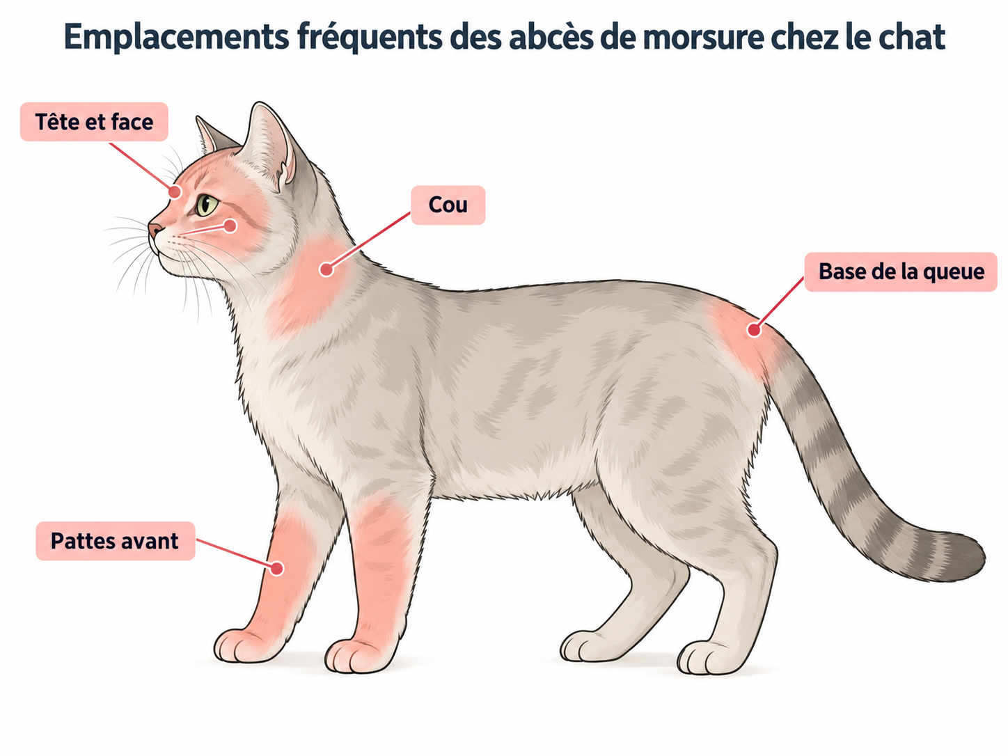 Schéma des emplacements fréquents d'un abcès du chat : tête, cou, pattes et base de la queue