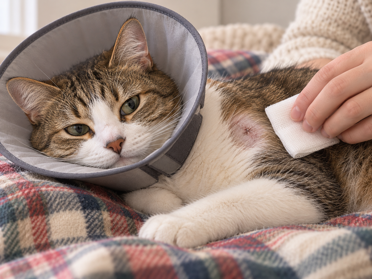Chat avec collerette après le drainage d'un abcès, plaie propre, soins à la maison