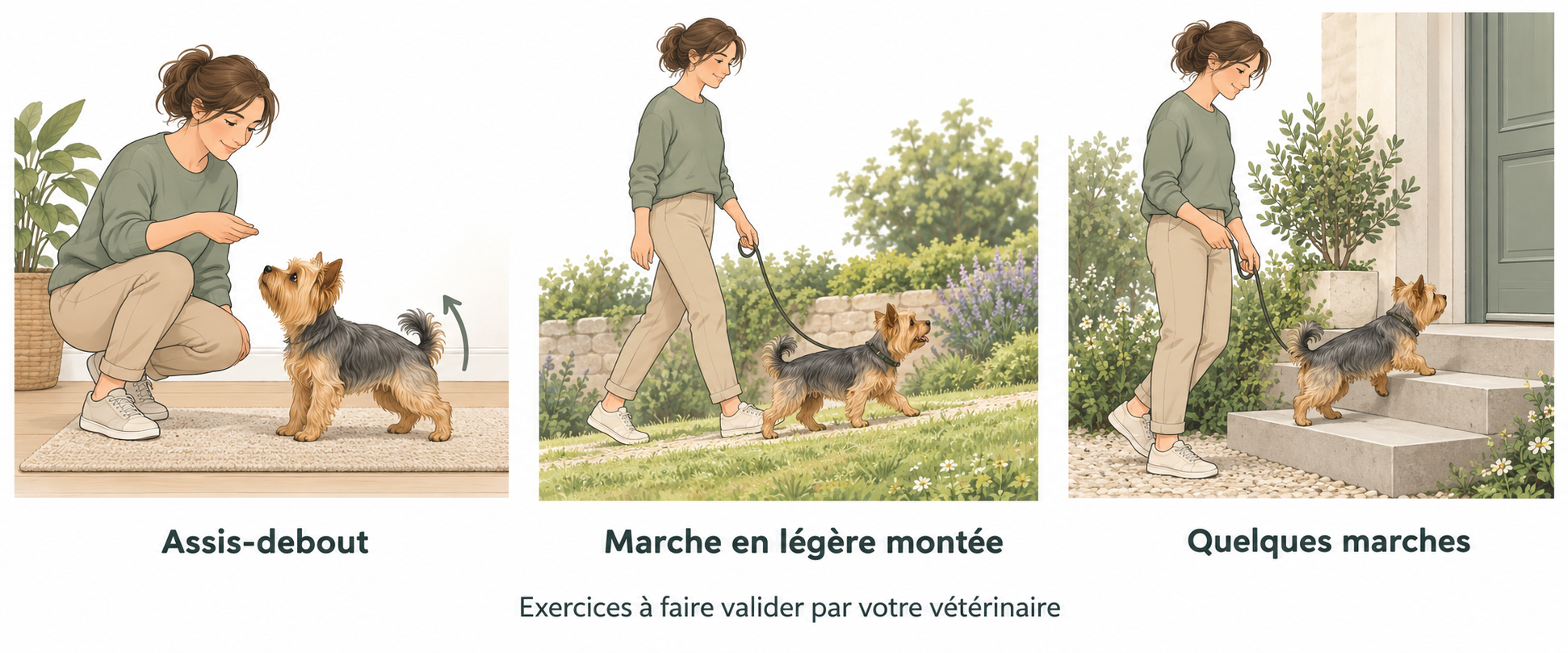 Exercices de renforcement pour un chien avec une luxation de la rotule : assis-debout, montée, marches