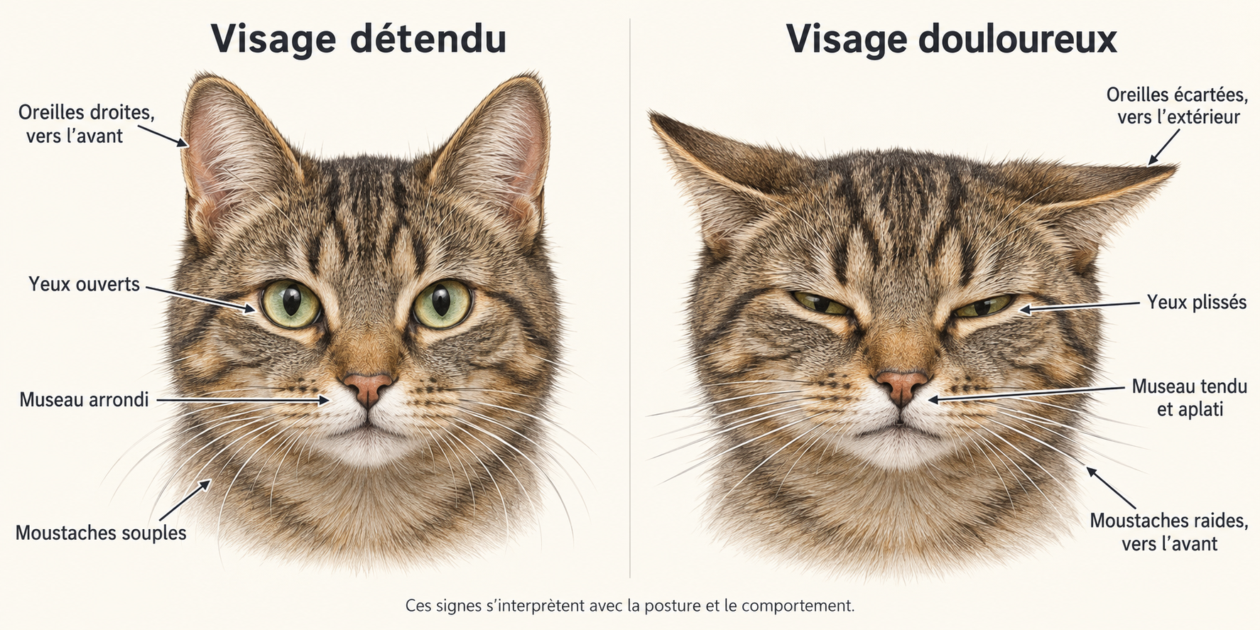 Chat qui souffre signes au visage : oreilles écartées, yeux plissés, museau tendu et moustaches raides